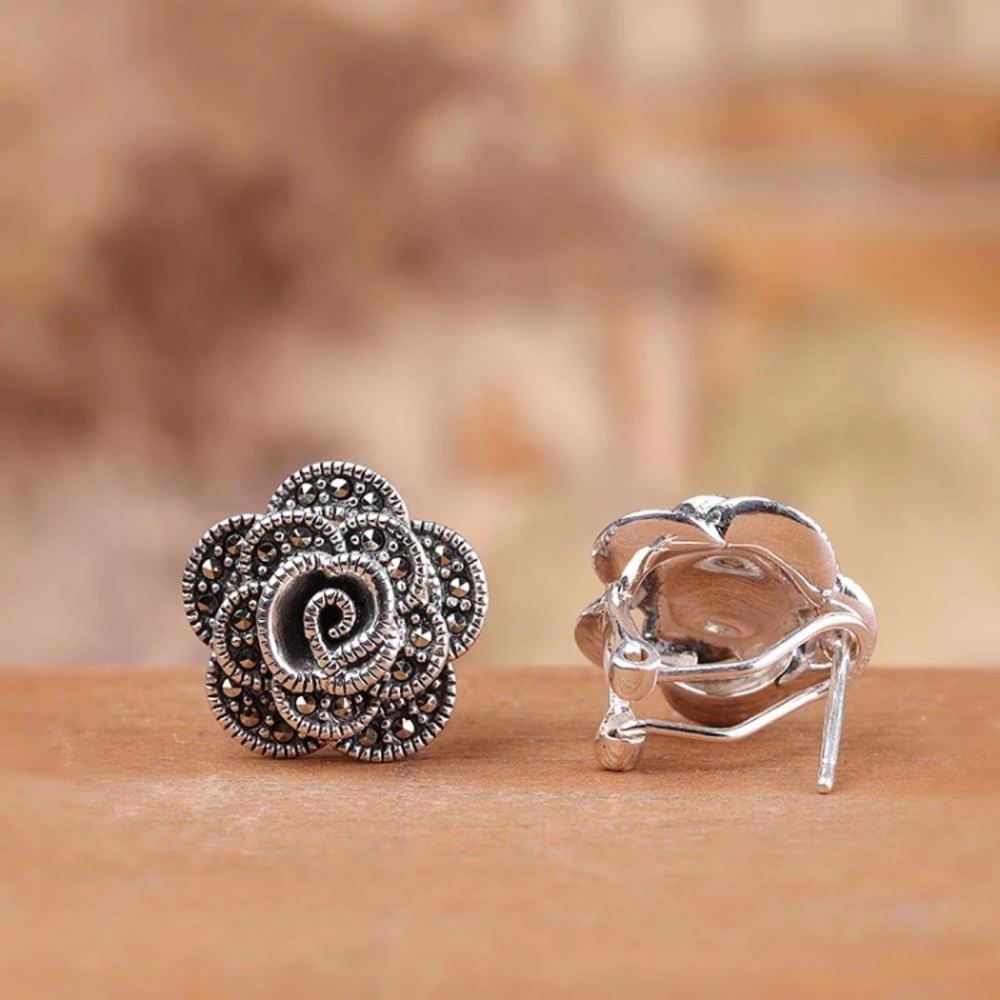 New! Sterling Silver Marcasite Rose Stud Earrings - Picture 4 of 13